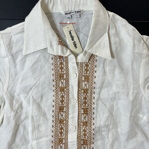 Jennifer Eden Button Up Linen Shirt Women's Size 10 Embroidery Print Boho NWT